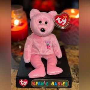 💗 TY Beanie Babies MUM Bear Pink Flower May 13 2001 w/ Tag & Display case